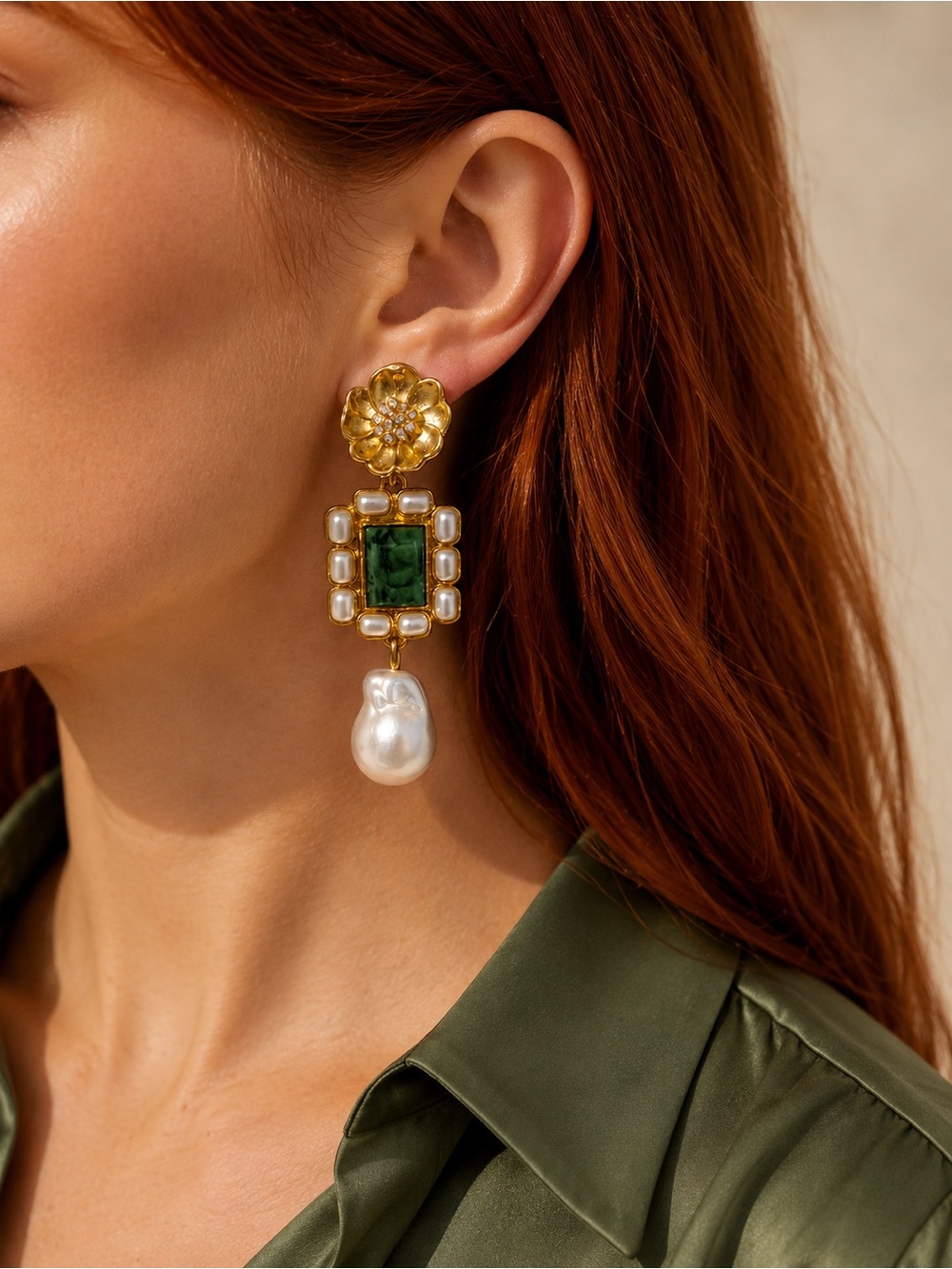 Gold, Green & Pearl Statement Drop Earrings - Women Jewelry